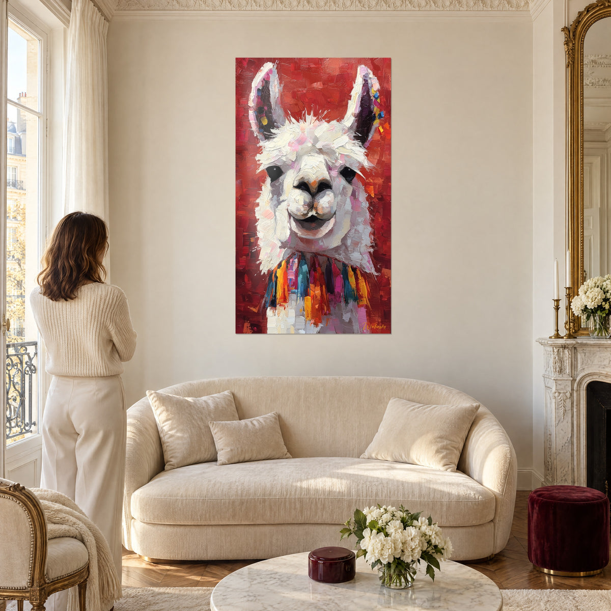 Cuadro llama de vellón blanco y orejas erguidas sobre fondo rojo, pompones multicolores, encima de un sofá en un salón luminoso