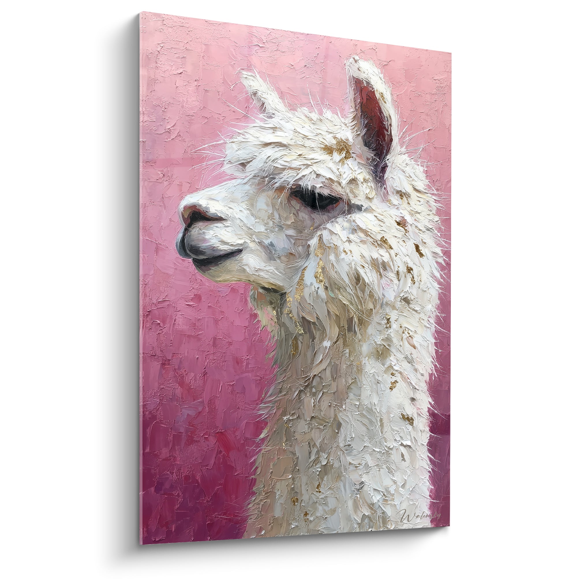 Lama blanc au regard doux, fourrure texturée dorée sur fond rose fuchsia et magenta