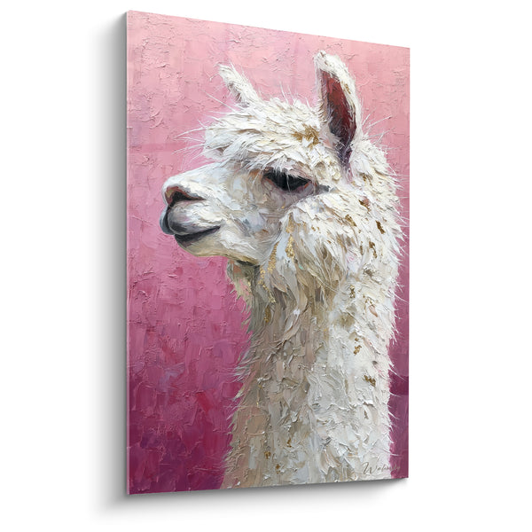 Tableau Lama blanc au fond rose fuchsia - Douceur andine - Edition Lama