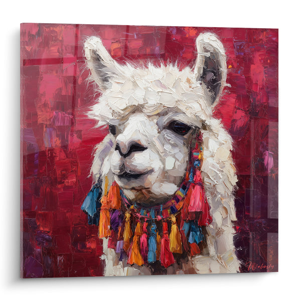 Tableau Lama blanc au collier de pompons - Parure andine - Edition Lama