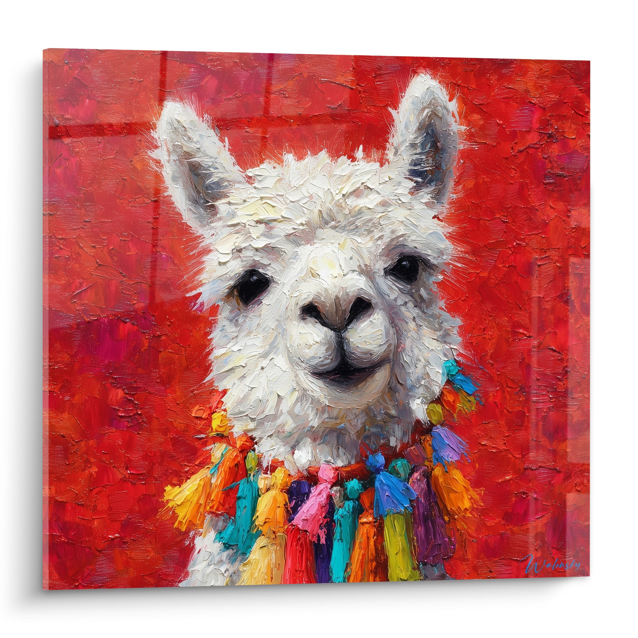 Lama blanc texturé au collier turquoise et jaune, sur fond rouge écarlate expressif