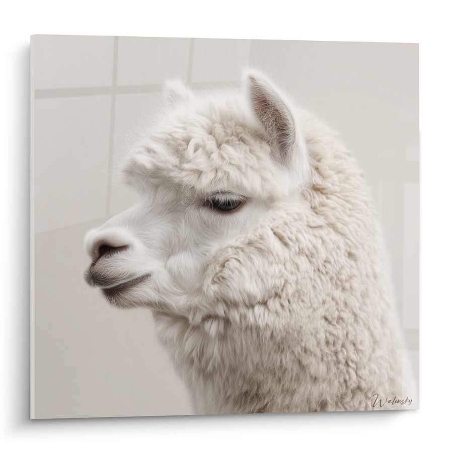 Cuadro de Llama Blanco con Pelaje Lanoloso - Dulzura Montañosa - Edición Llama