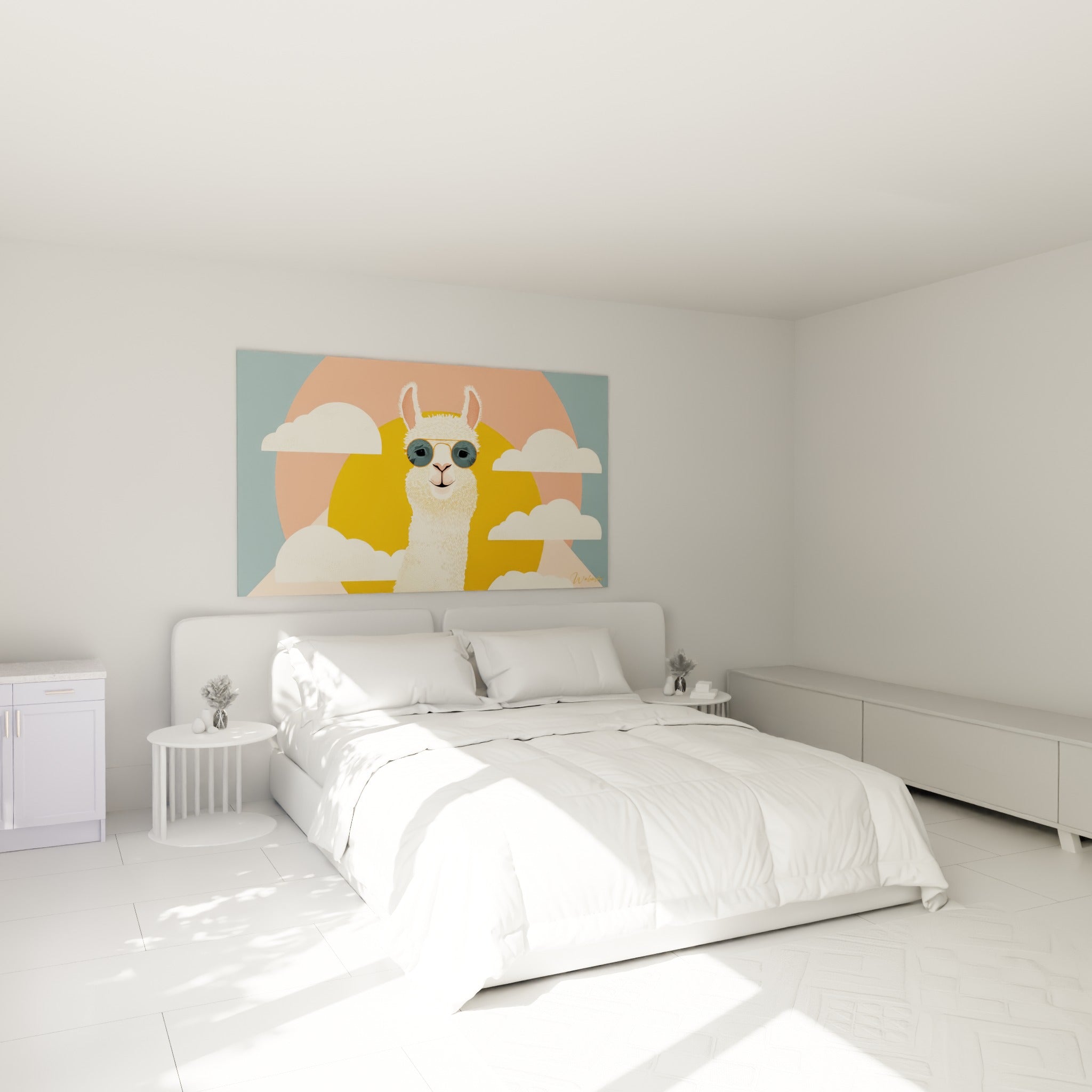 Silhouette du lama souriant en lunettes bleues au-dessus d'un lit dans une chambre claire