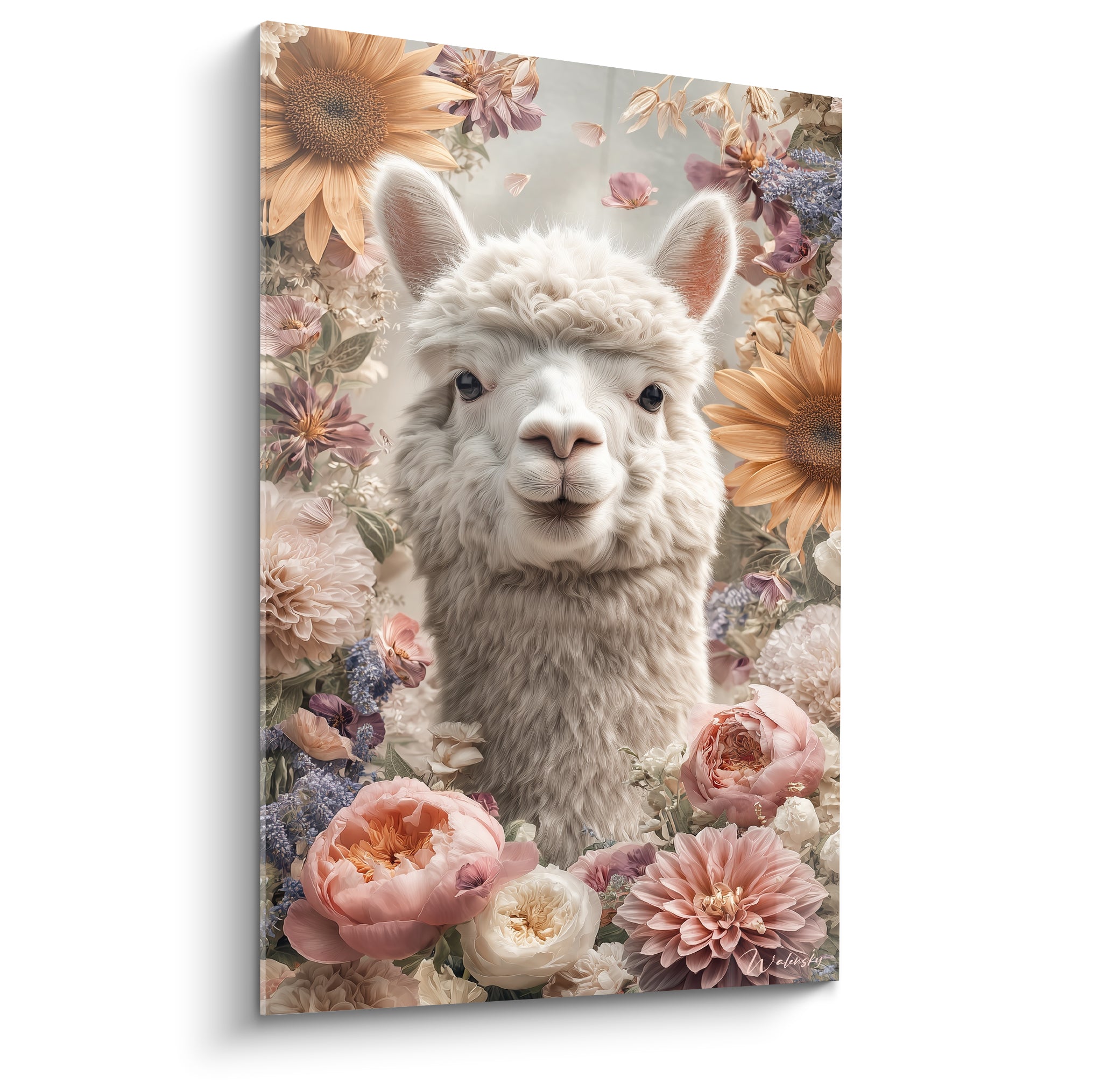 Lama blanc au regard doux entouré de pivoines roses et tournesols dorés en fleurs