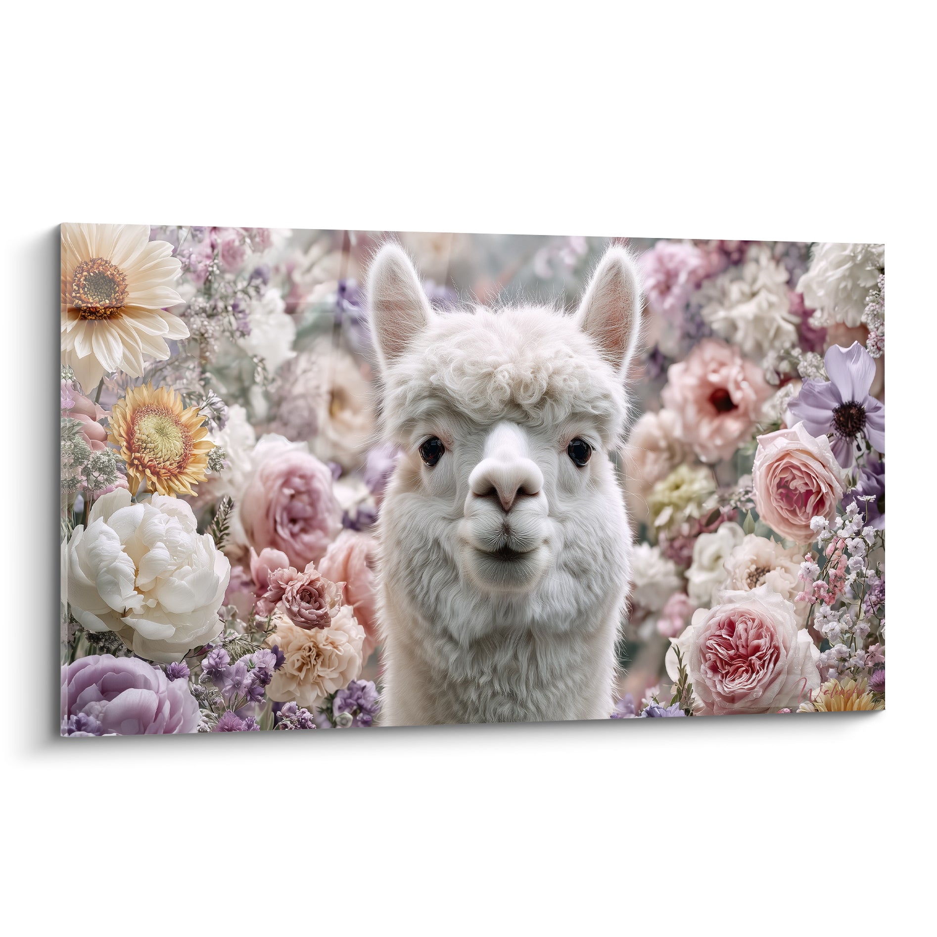 Lama blanc au pelage laineux entouré de roses roses et pivoines mauves, regard direct et attendrissant