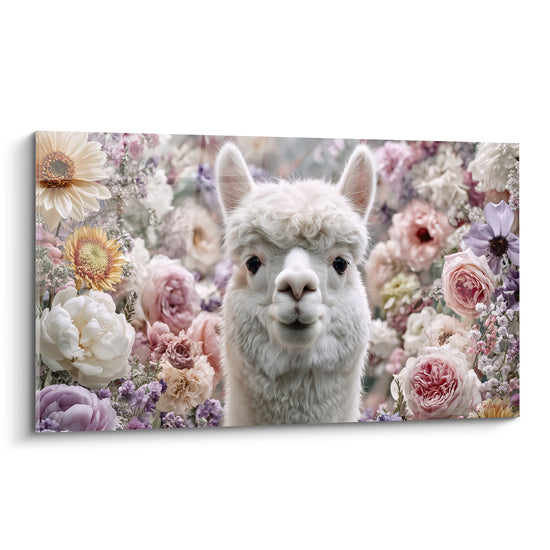 Lama blanc au pelage laineux entouré de roses roses et pivoines mauves, regard direct et attendrissant