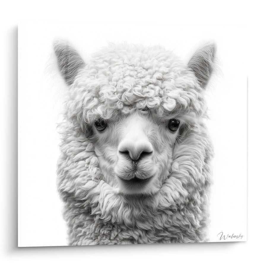 Cuadro de Llama Blanco con Lana Rizada - Mirada Ingenua - Edición Lama