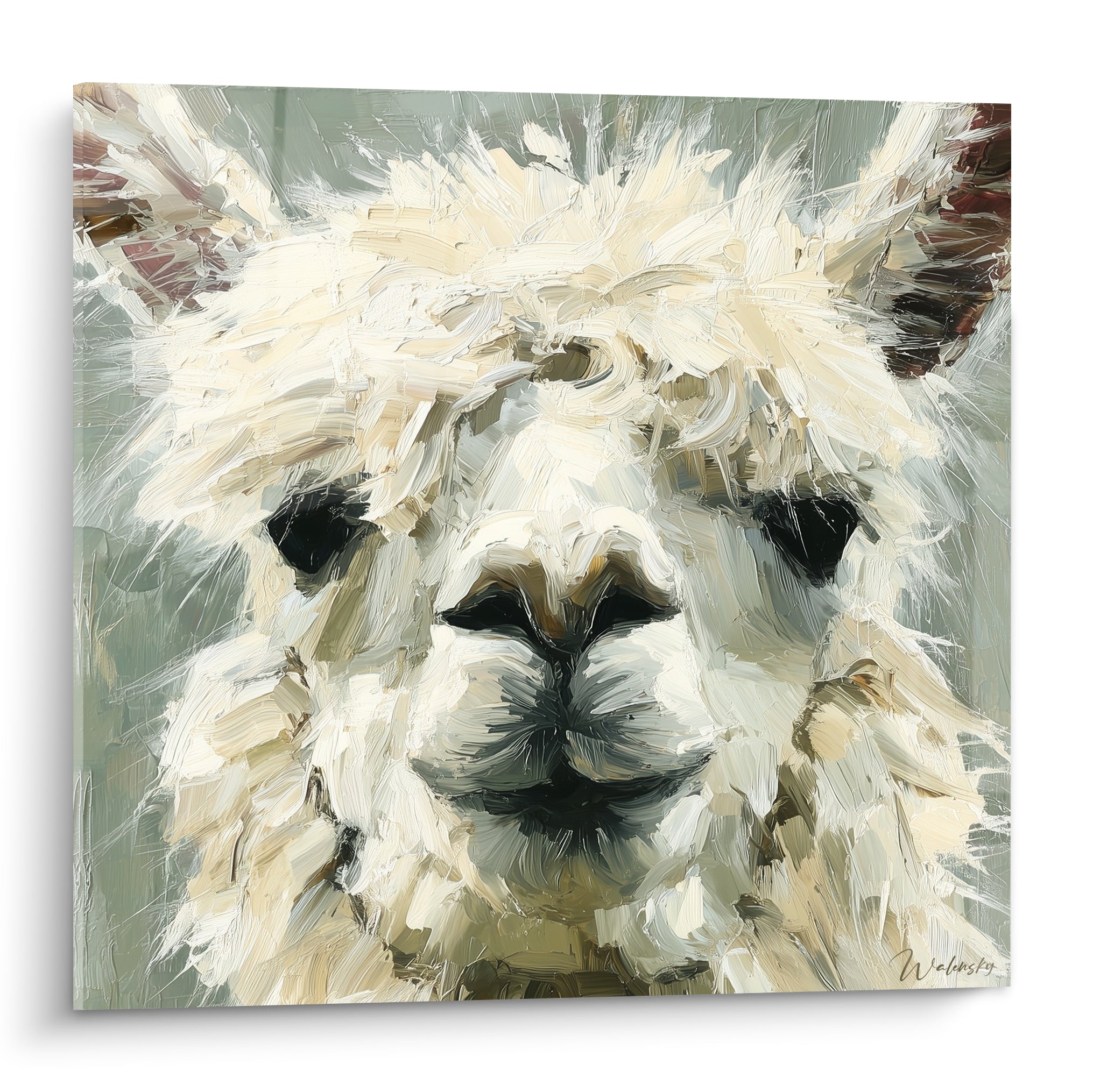 Lama blanc au pelage bouclé, empâtements épais, fond vert sauge, regard noir intense