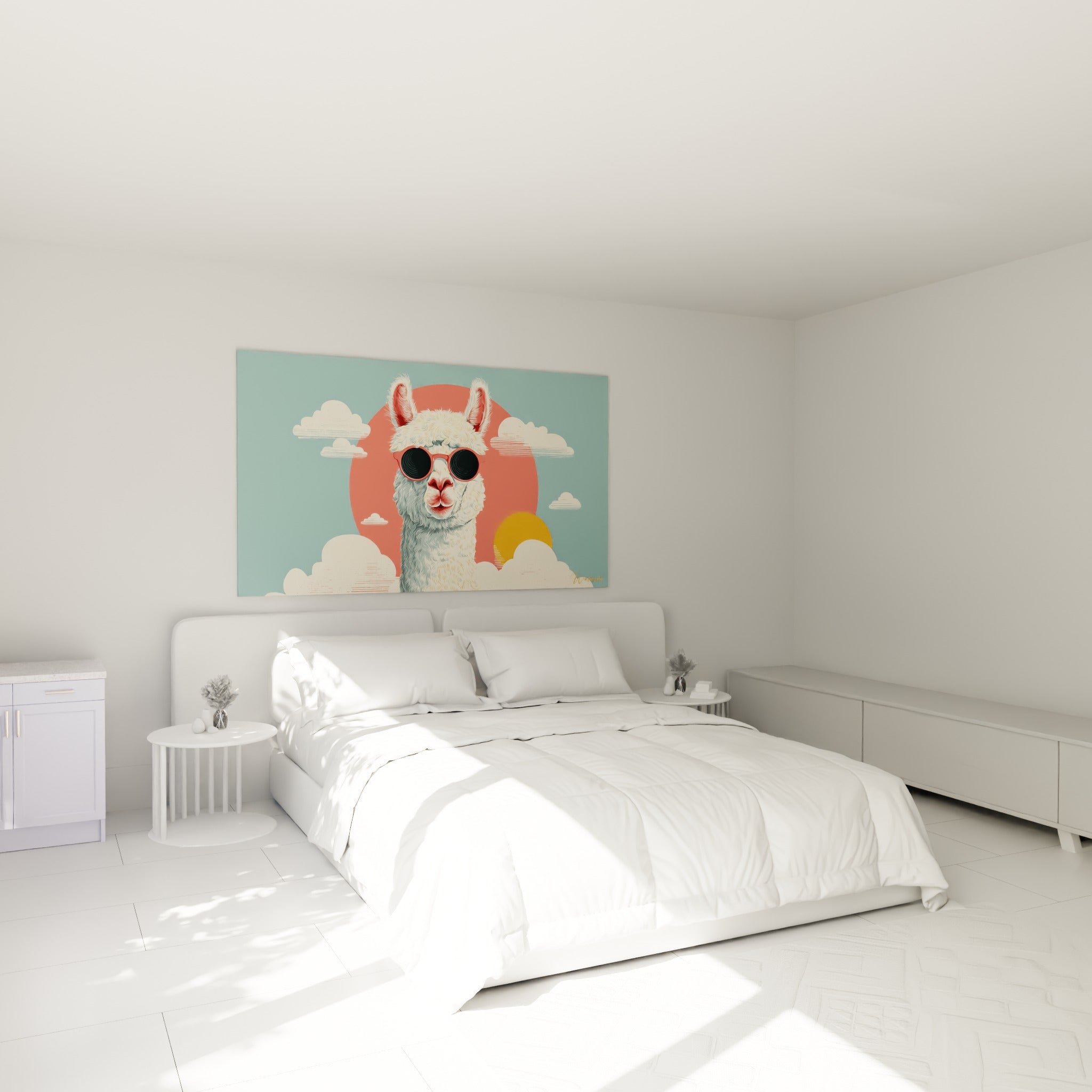 Portrait de Lama corail et bleu poudré accroché au-dessus d'un lit dans une chambre claire