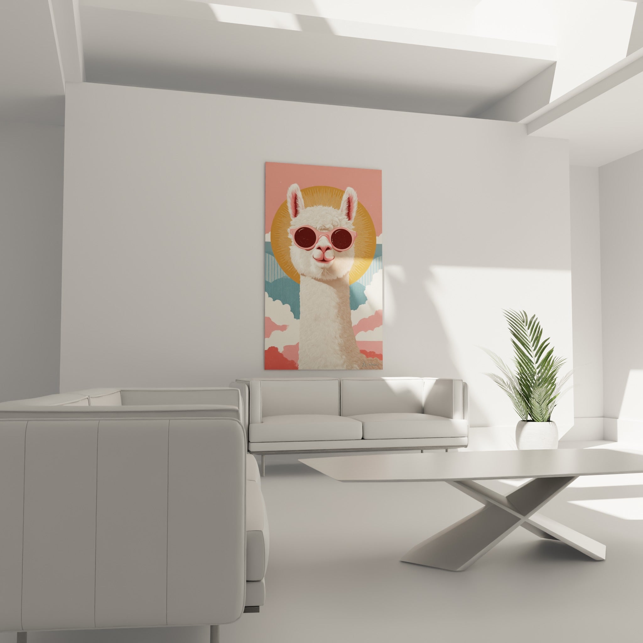 Lama illustré aux teintes rose et bleu pastel avec halo doré, au-dessus d'un canapé dans un salon lumineux