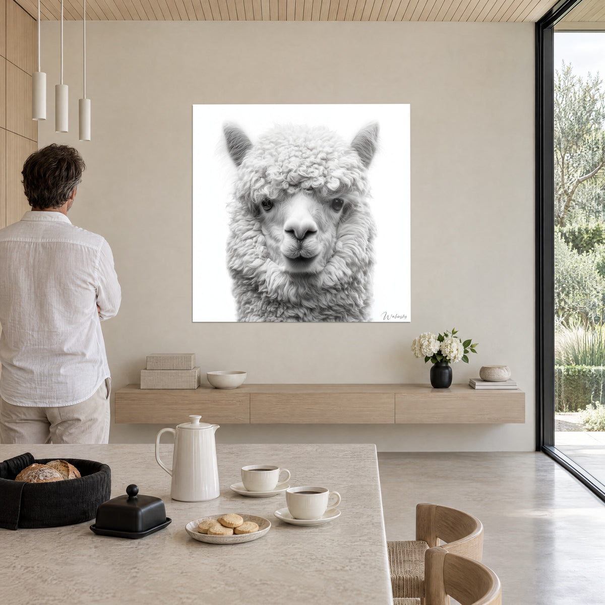 Gemälde lockiges Kameliden mit weißen und silbergrauen Strähnen, sanfter dunkler Blick, an einer beigen Wand gegenüber einem Mann von hinten