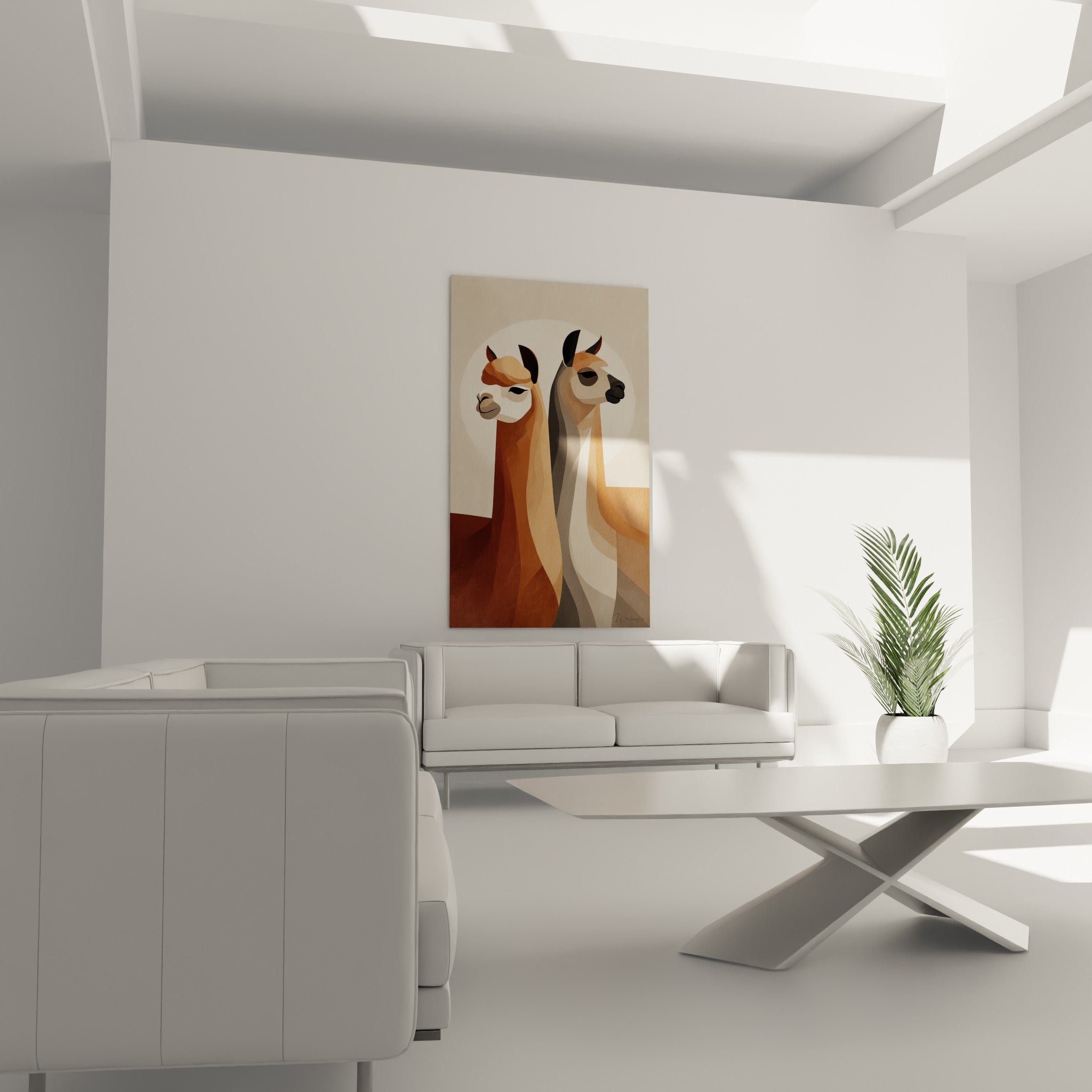 Duo de lamas graphiques aux teintes ocre et gris anthracite, posé au-dessus d'un canapé dans un salon lumineux