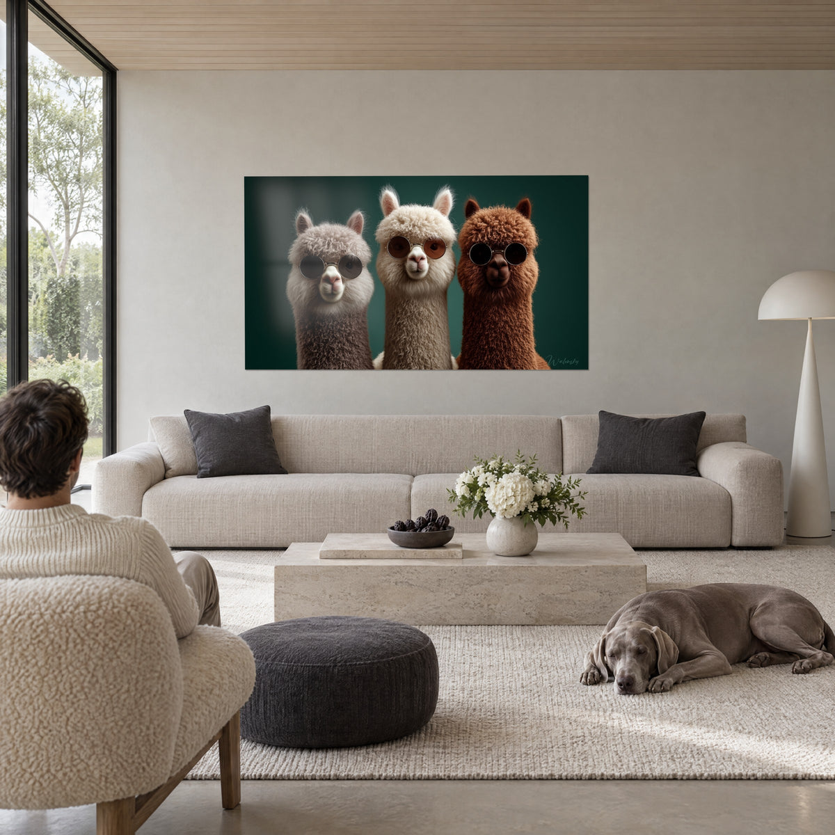Cuadro trío de alpacas con gafas redondas, vellón crema, gris y marrón sobre fondo verde abeto, encima de un sofá en un salón luminoso