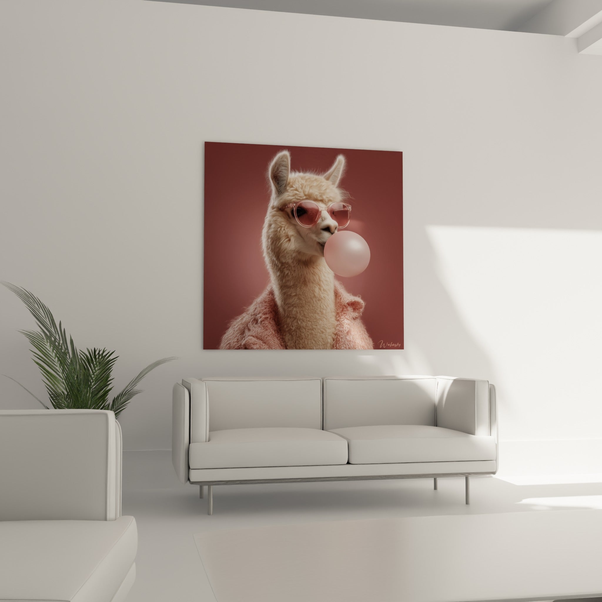 Museau de lama soufflant une bulle rose entouré de fourrure crème, au-dessus d'un canapé dans un salon lumineux