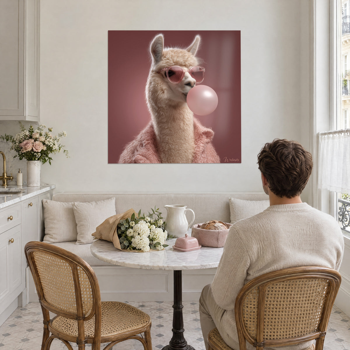 Gemälde Lama im rosa gelockten Mantel, eine Blase aufblasend, gedämpfter roter Hintergrund, gegenüber einem runden weißen Tisch und Küchenblumen