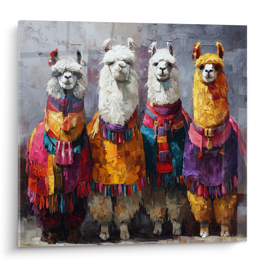 Cuadro de Llamas Vestidas con Chalinas Multicolores - Cortejo de los Andes - Edición Lama