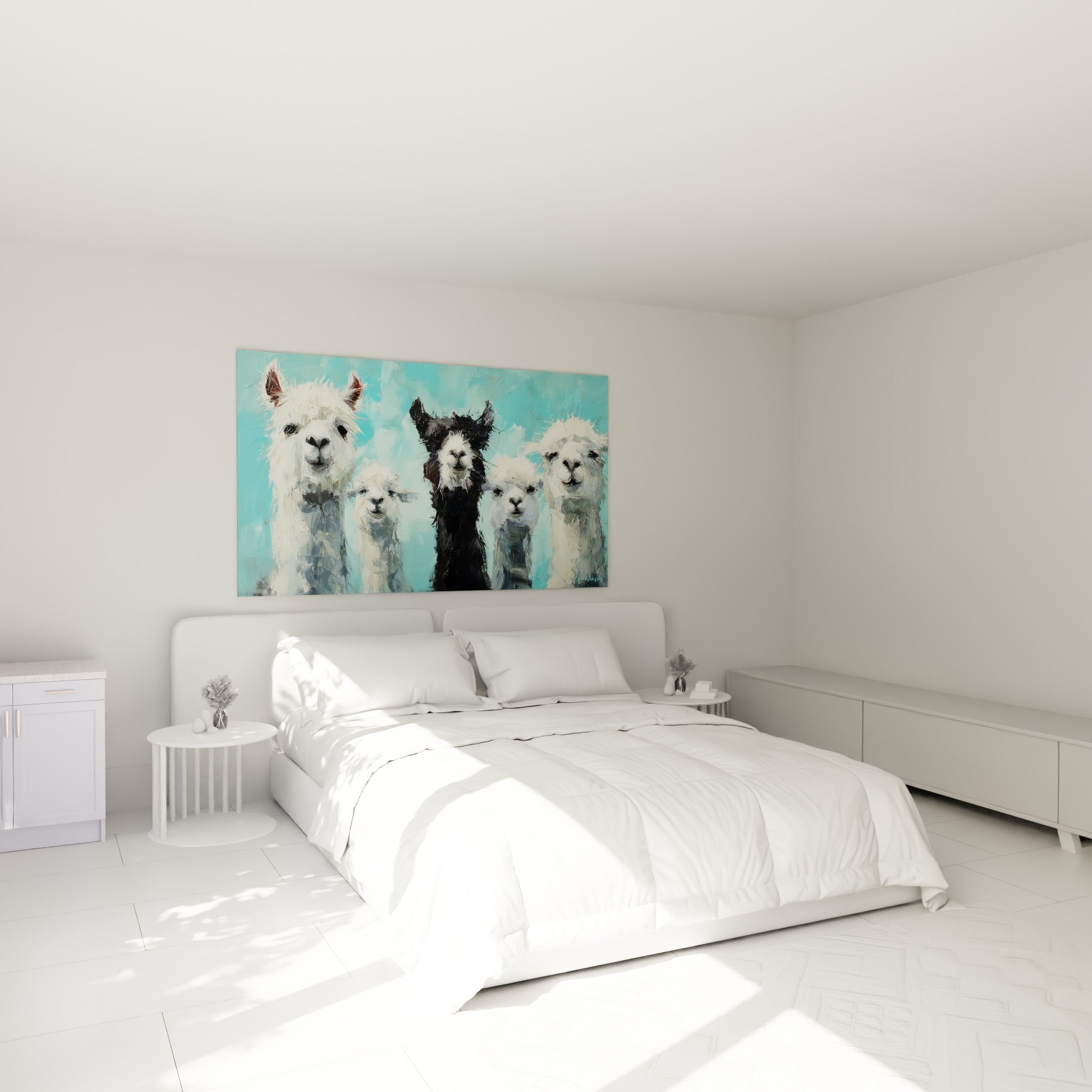 Troupeau de lamas blancs et noir aux traits expressifs, accroché au-dessus d'un lit dans une chambre claire