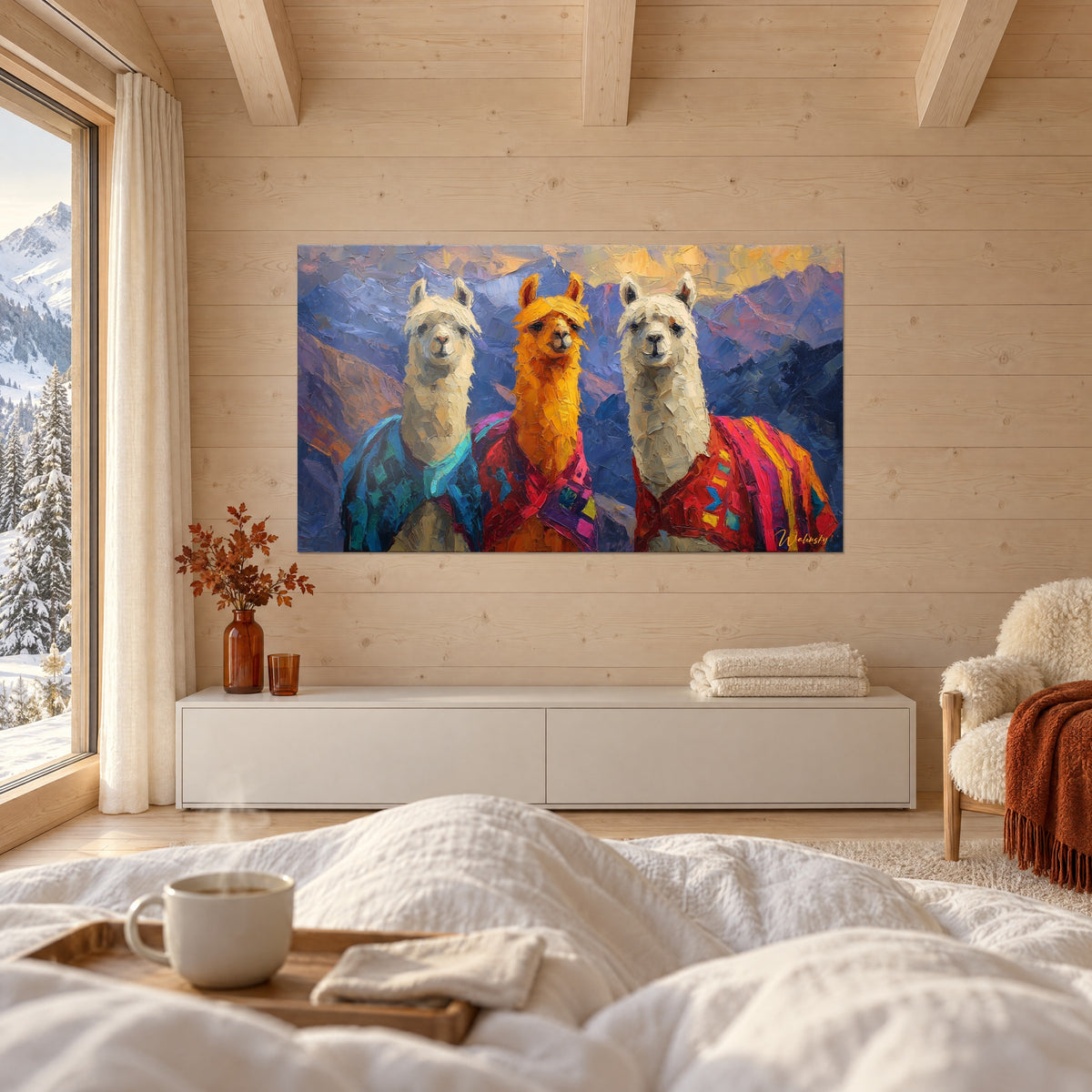 Schilderij lama's met getextureerde vacht in wit en saffraanoranje, kleurrijke dekens, blauwige toppen, boven een bed in een lichte slaapkamer