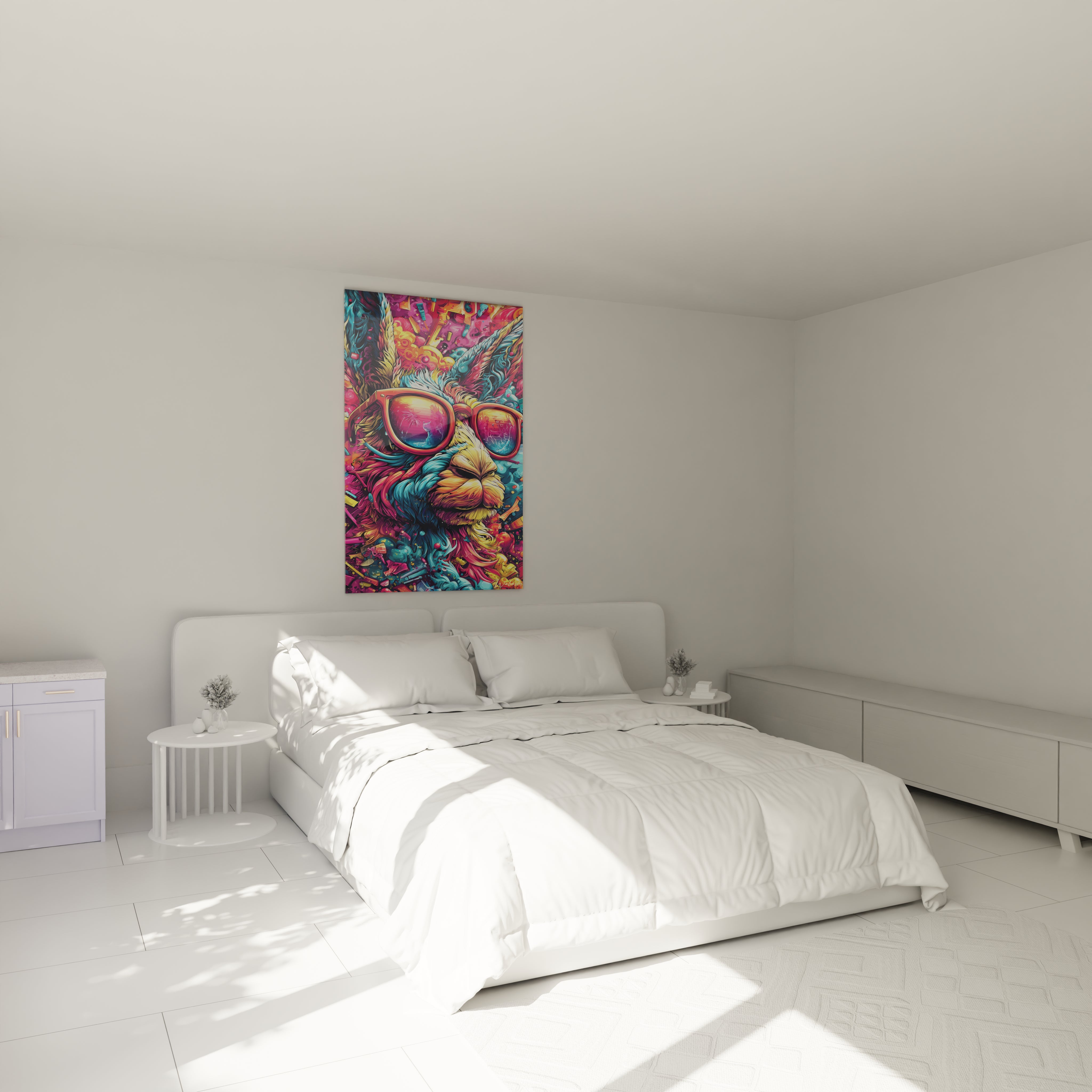 Ambiance chambre avec tableau lama lunettes colorées décoration murale moderne art psychédélique vibrant