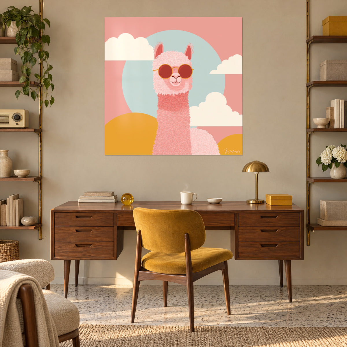 Gemälde Alpaka mit rosa Lockenwolle, cremeweiße Wolken und senfgelbe Hügel, über einem Holzschreibtisch und ockerfarbenem Sessel aufgehängt