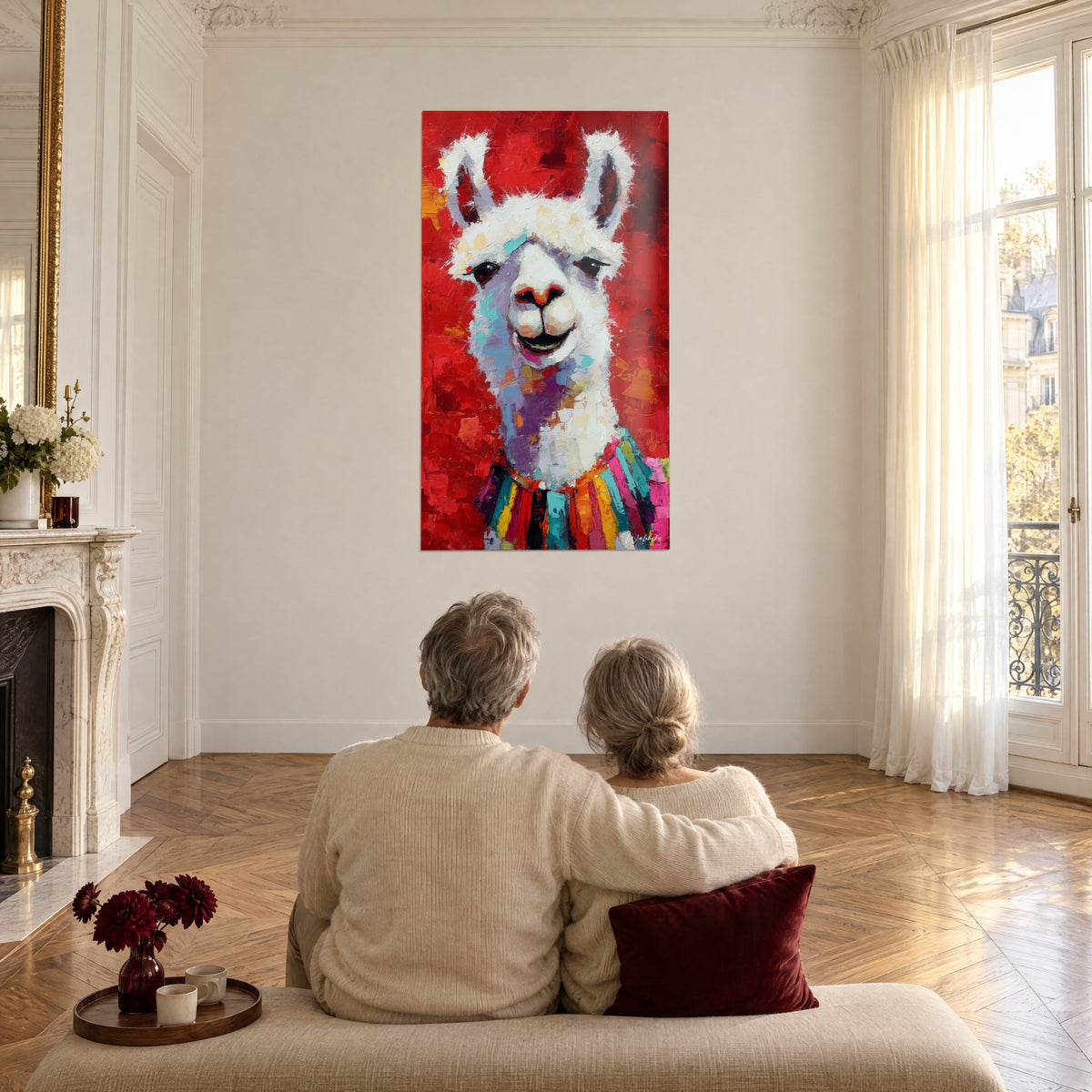 Cuadro de alpaca risueña de pelaje blanco, fondo bermellón, bufanda rosa y turquesa, pareja de espaldas en un sofá, gran salón de estilo haussmanniano