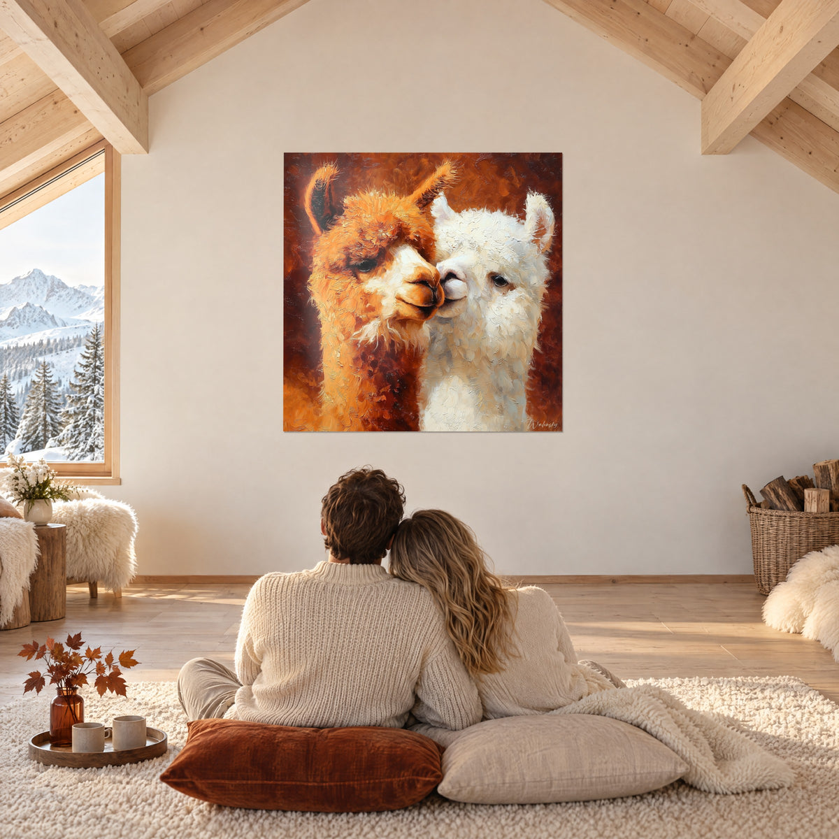 Gemälde Alpakapaar mit eng beieinander liegenden Schnauzen, kupferfarbenes Orange und wolliges Weiß, vor einem Paar von hinten auf Kissen sitzend