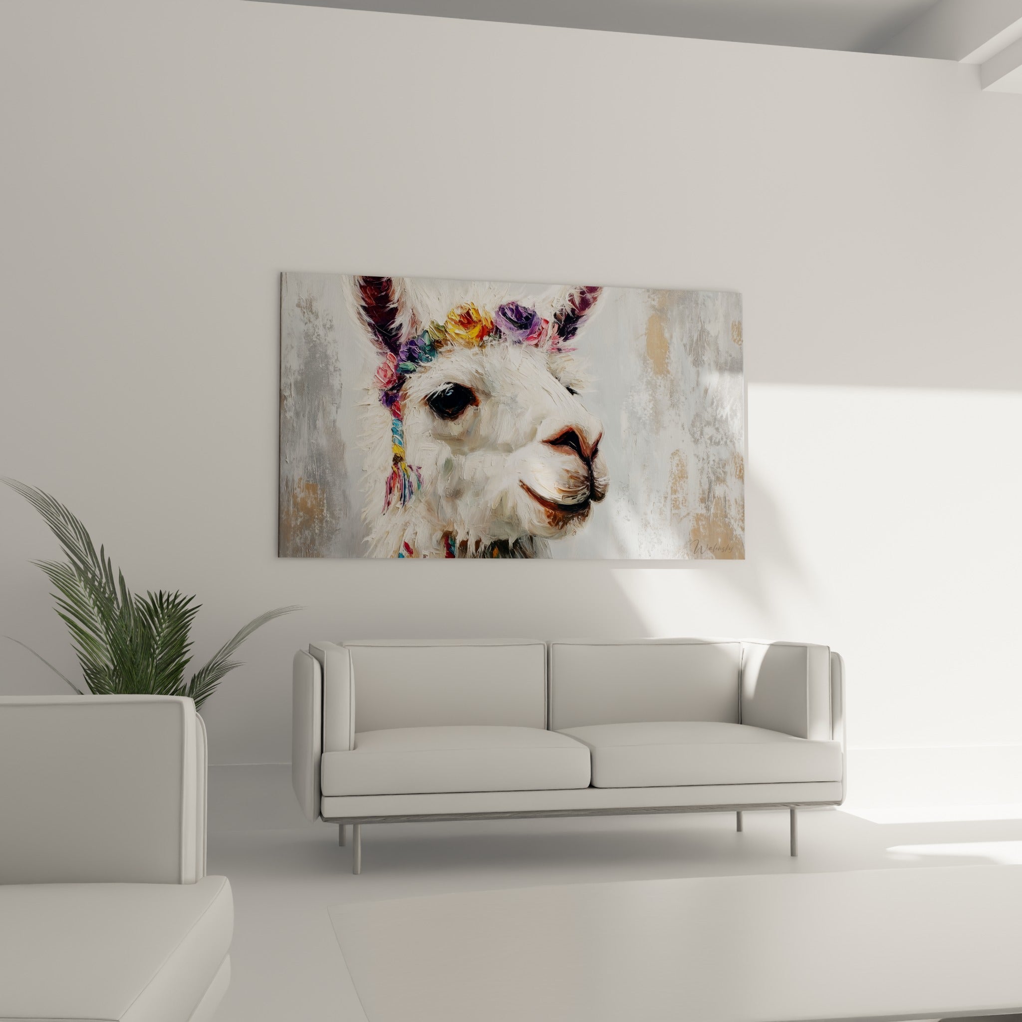 Regard doux du lama paré de fleurs colorées, suspendu au-dessus d'un canapé dans un salon lumineux