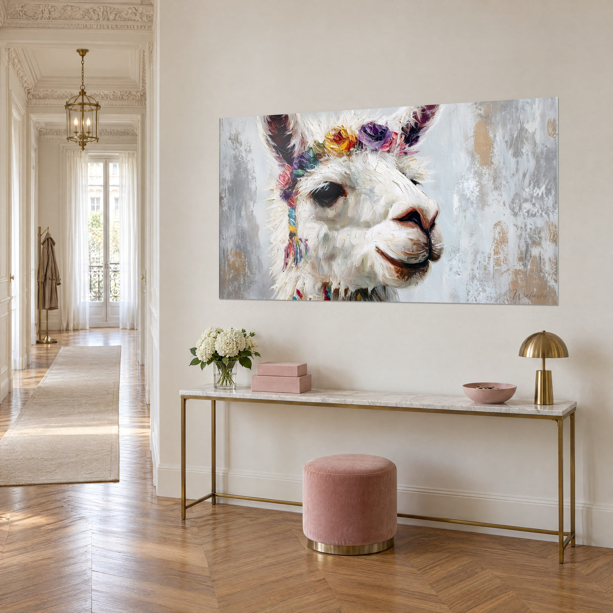 Wall art cream camelid with a dark gaze, wreath of yellow and crimson flowers, three-quarter view, gilded console, Haussmann-style corridor