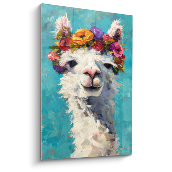 Tableau Lama blanc et turquoise couronné de fleurs multicolores - Museau rose en cœur - Edition Lama