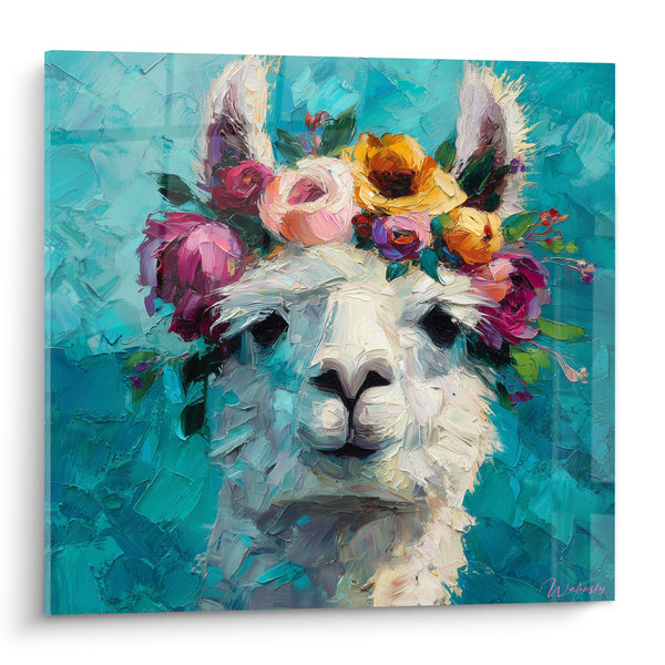 Tableau Lama blanc et turquoise couronné de roses fuchsia - Empâtement texturé - Edition Lama