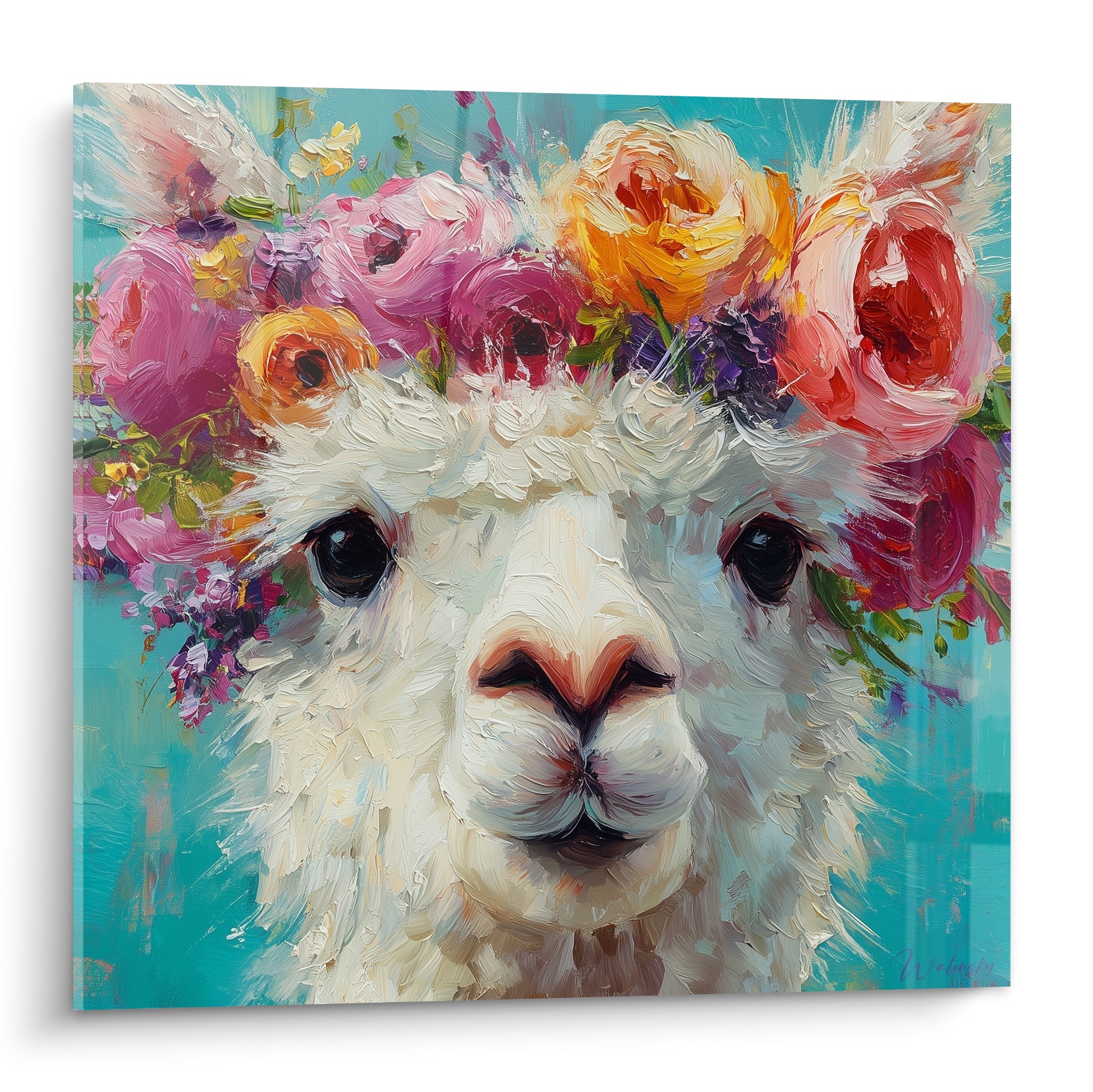 Lama blanc au regard doux coiffé d'une couronne de roses roses et oranges sur fond turquoise