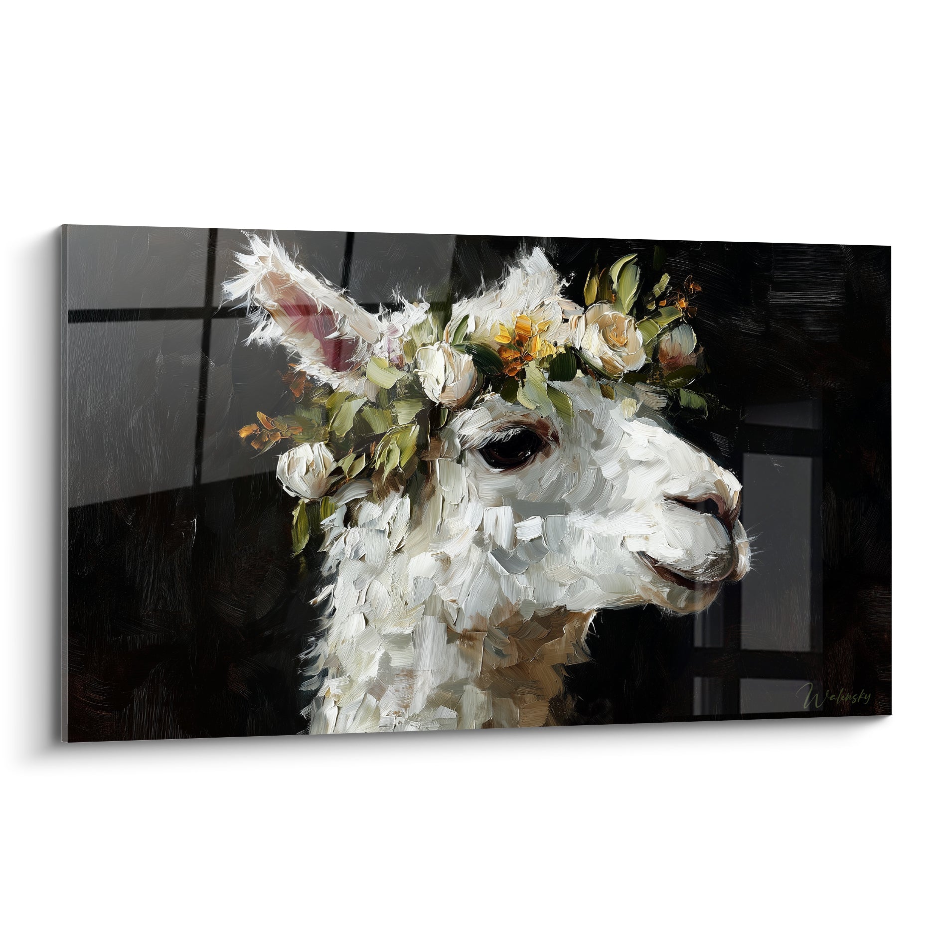Lama blanc au pelage texturé, couronne fleurie dorée et blanche, fond anthracite profond