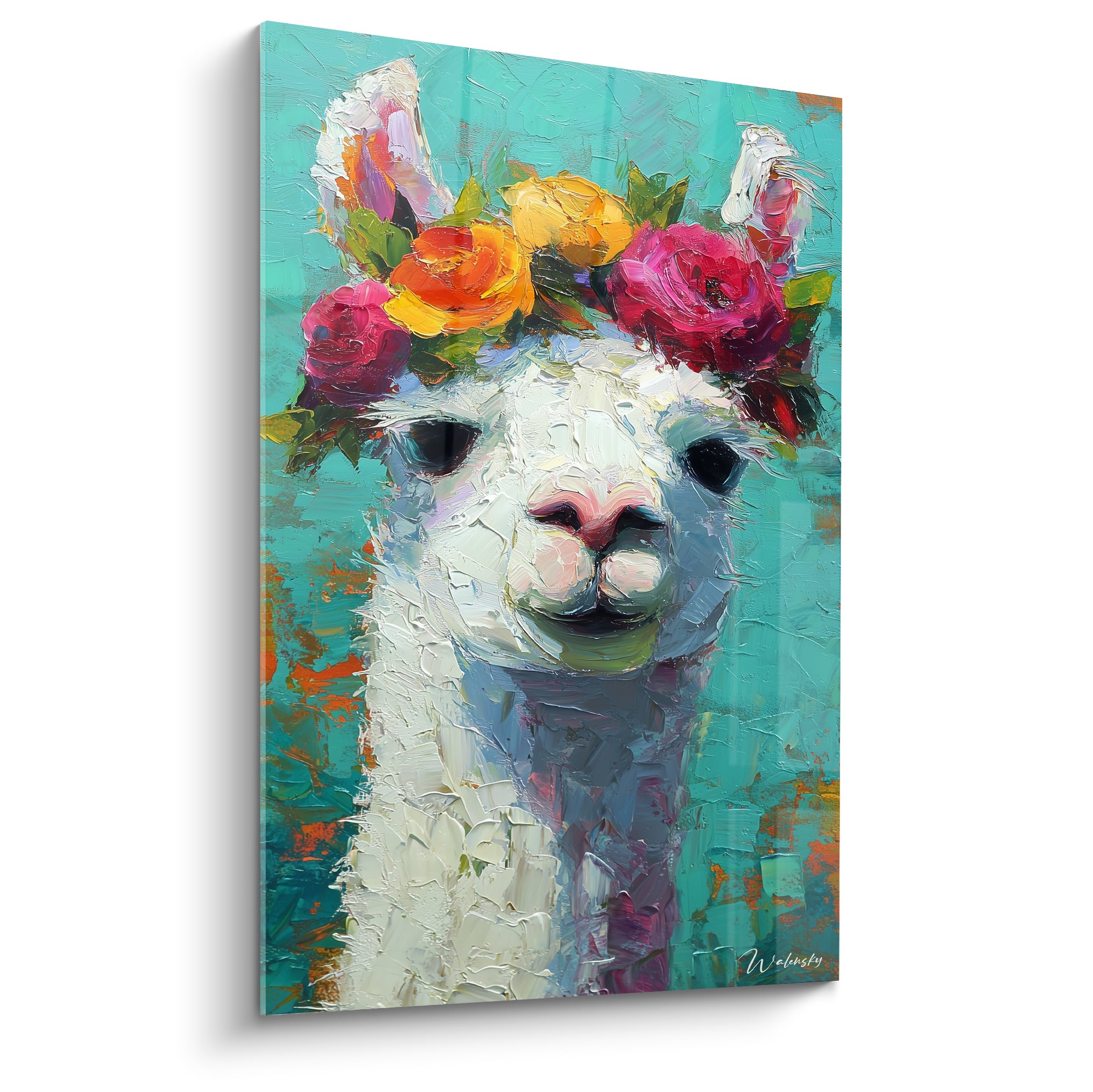 Lama blanc couronne de fleurs rouges et oranges sur fond turquoise texturé au couteau