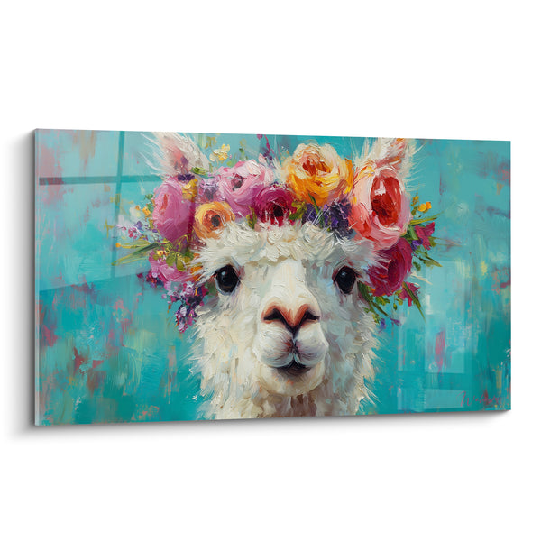 Tableau Lama blanc et turquoise couronné de roses - Empâtement au couteau - Edition Lama