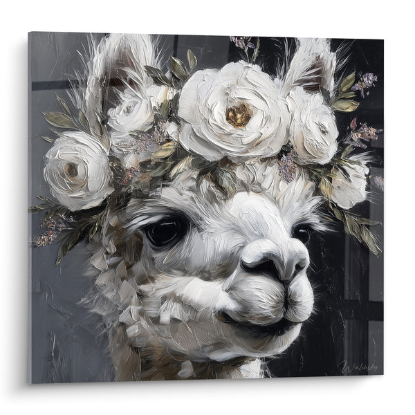 Tableau Lama blanc et anthracite couronné de fleurs - Couronne de printemps - Edition Lama