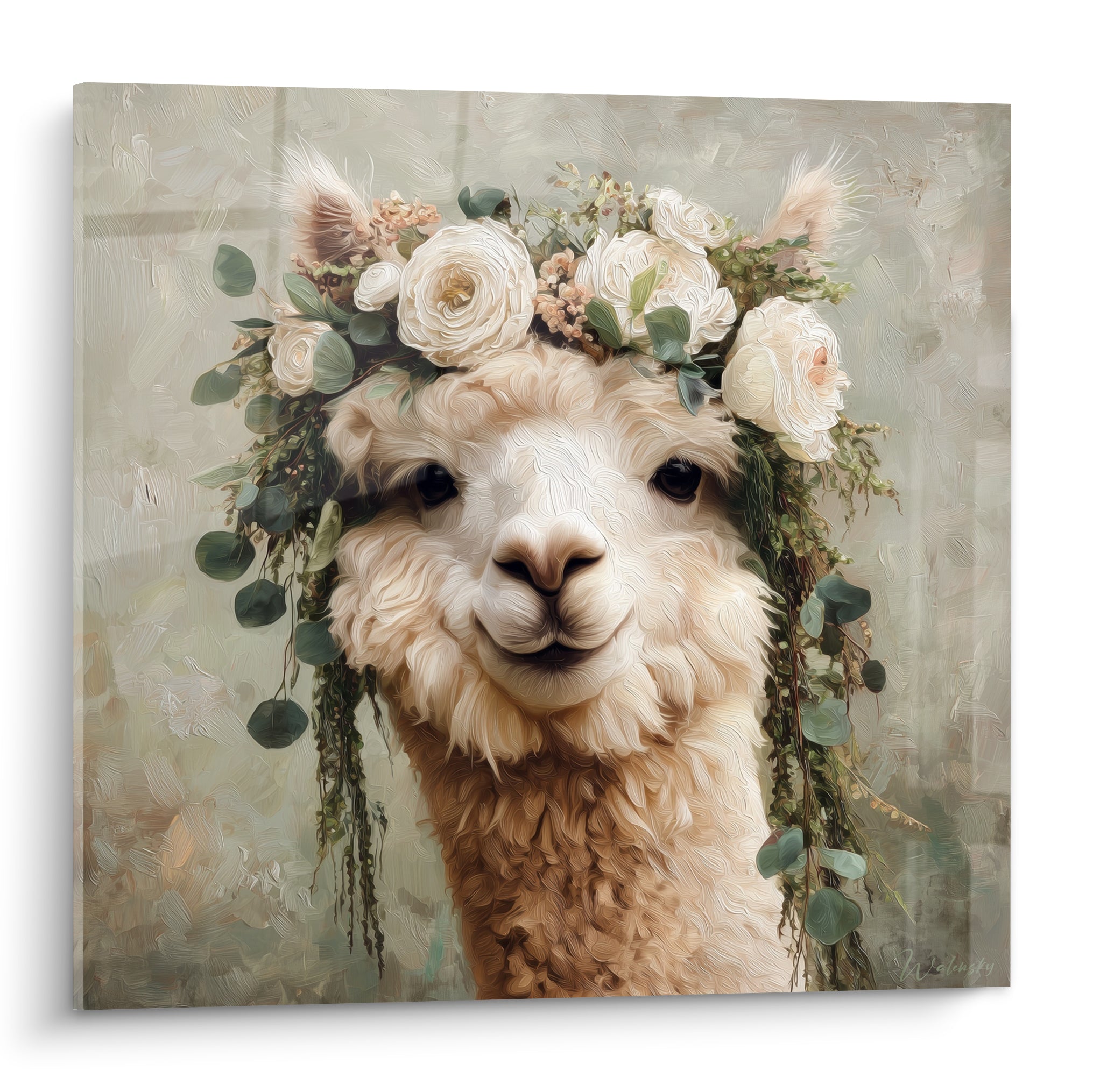 Lama crème au regard doux, couronne de roses blanches et eucalyptus vert sauge, peinture texturée