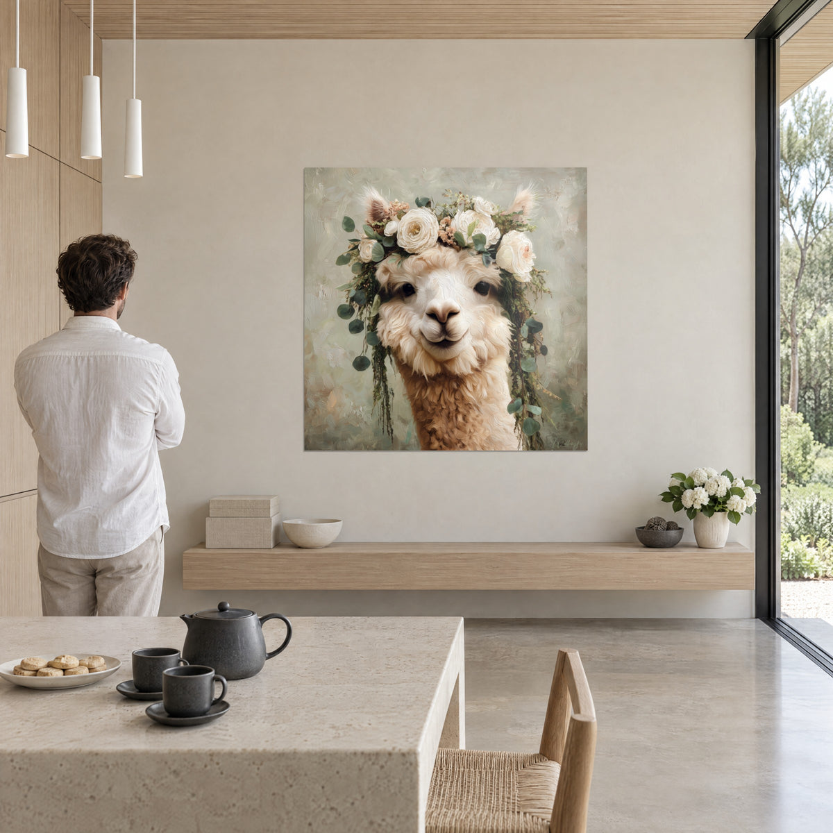 Schilderij van een pluizig alpacaportret, kroon van witte rozen en donkere klimop, tegenover een man in een wit overhemd, houten woonkamer