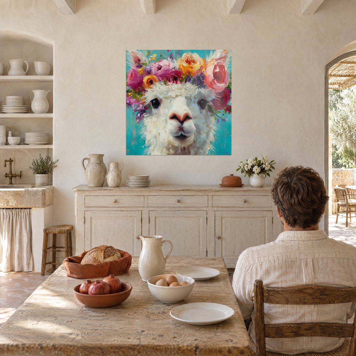 Quadro ritratto di lama dai grandi occhi neri, corona di fiori rosa vivace e arancio, di fronte a un tavolo di casolare provenzale