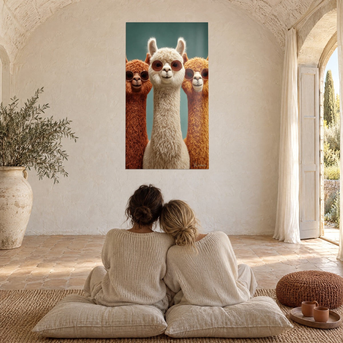 Cuadro llamas elegantes con lentes tintadas, largos cuellos rizados blancos y azafrán sobre fondo verde petróleo, dos personas de espaldas sobre cojines