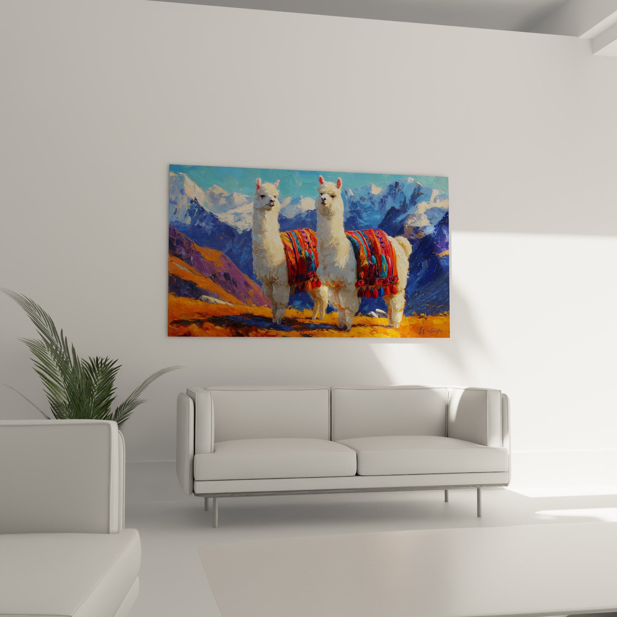 Couvertures rouge et turquoise sur des lamas blancs, au-dessus d'un canapé dans un salon lumineux