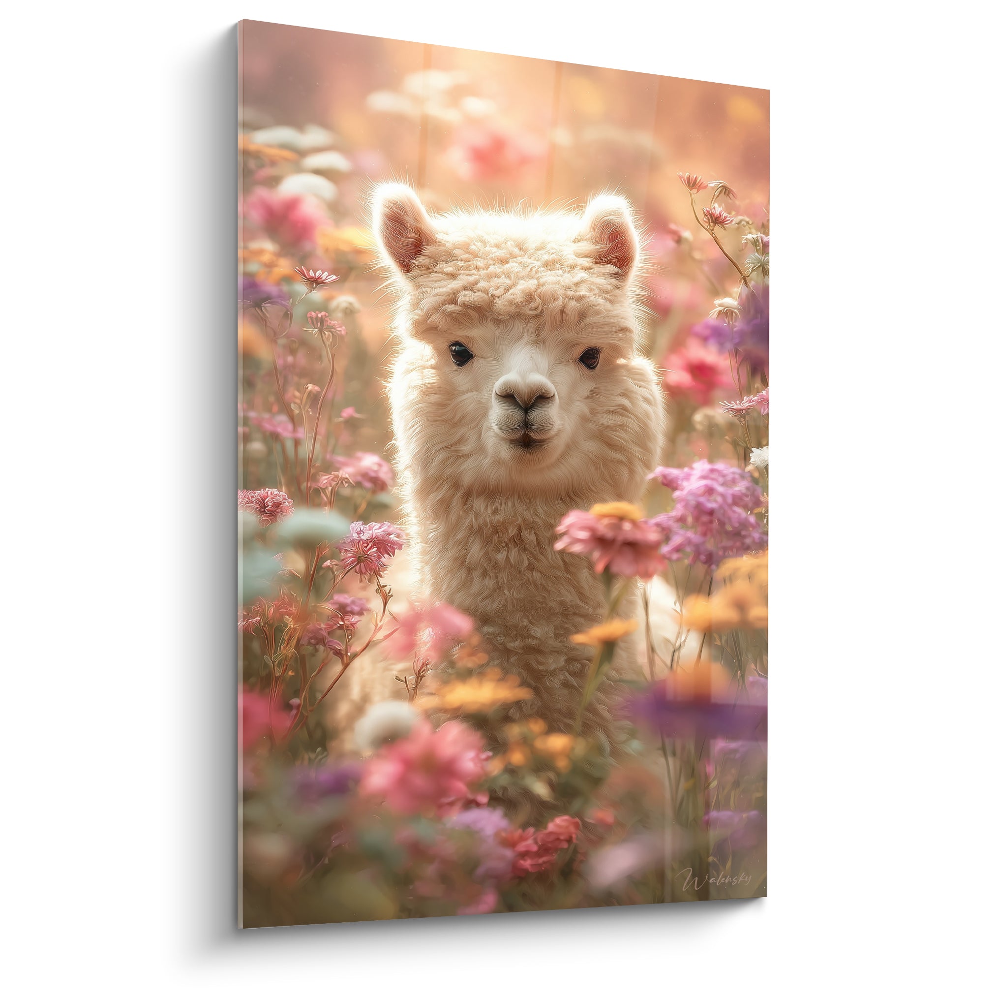 Lama crème au regard doux entouré de fleurs roses et violettes sous une lumière dorée