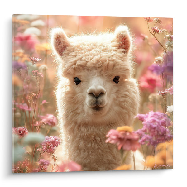 Tableau Lama crème parmi fleurs roses - Tendresse fleurie - Edition Lama
