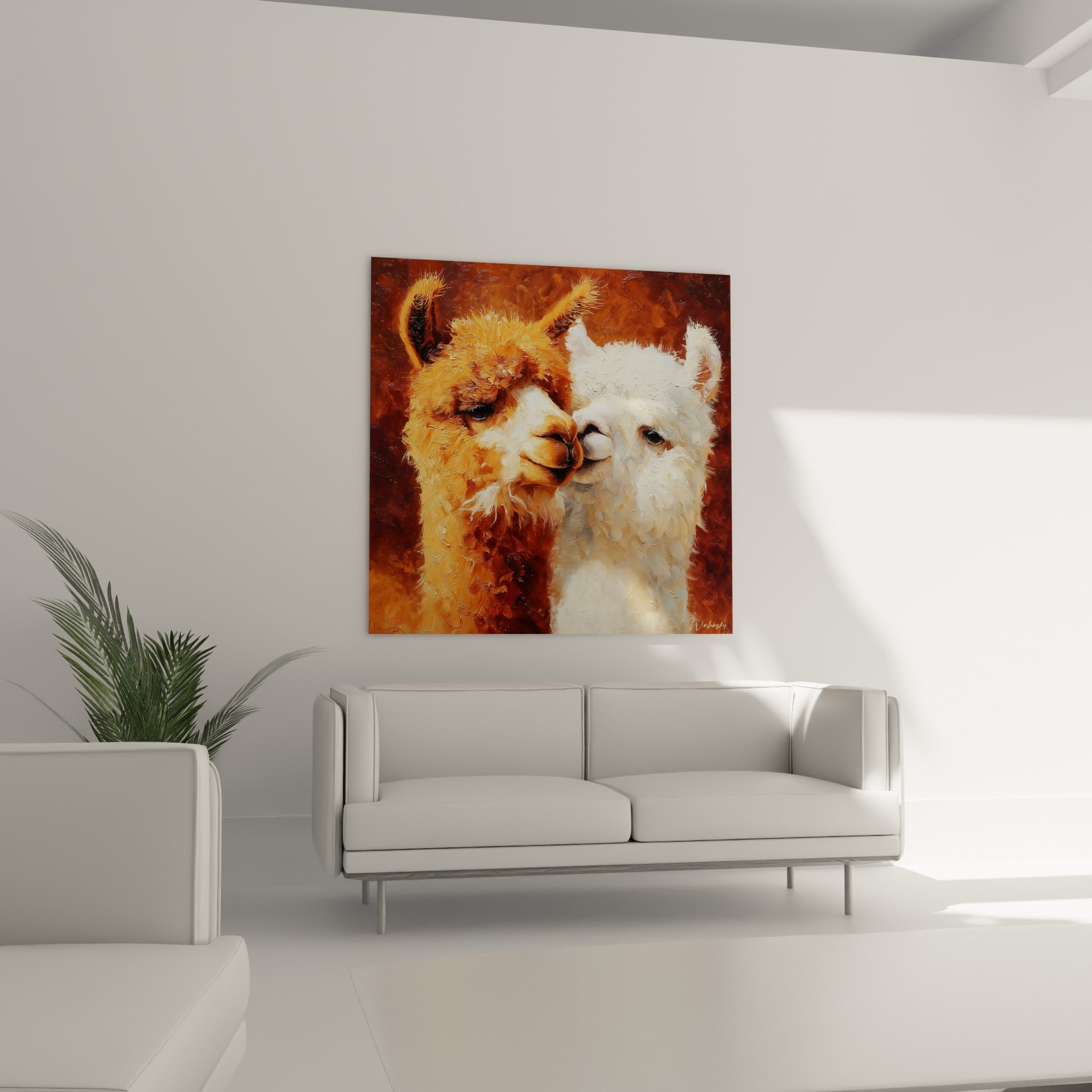 Têtes de lamas cuivré et ivoire peintes en empâtements épais, au-dessus d'un canapé dans un salon lumineux