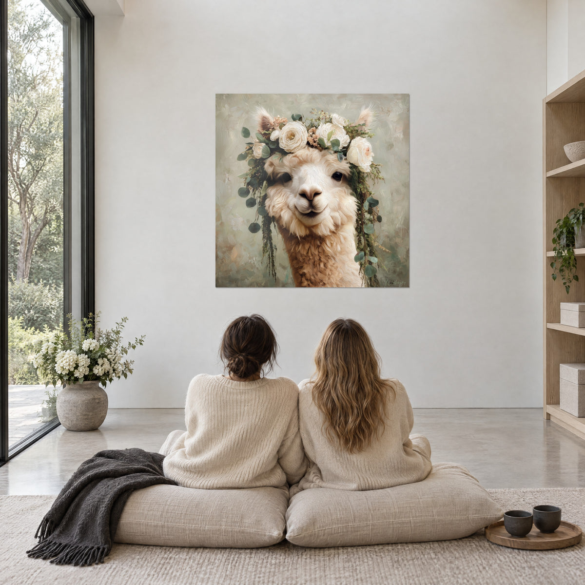 Schilderij van een bloemenlamakop, crèmekleurige rozen en saliegroen blad, bekeken door twee vrouwen op kussens, raam tot de vloer