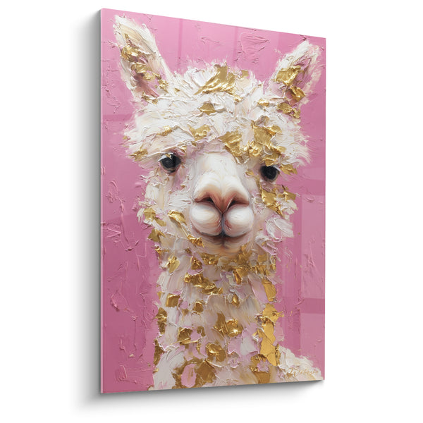 Tableau Lama blanc et doré fond rose vif - Éclats de feuille d'or - Edition Lama