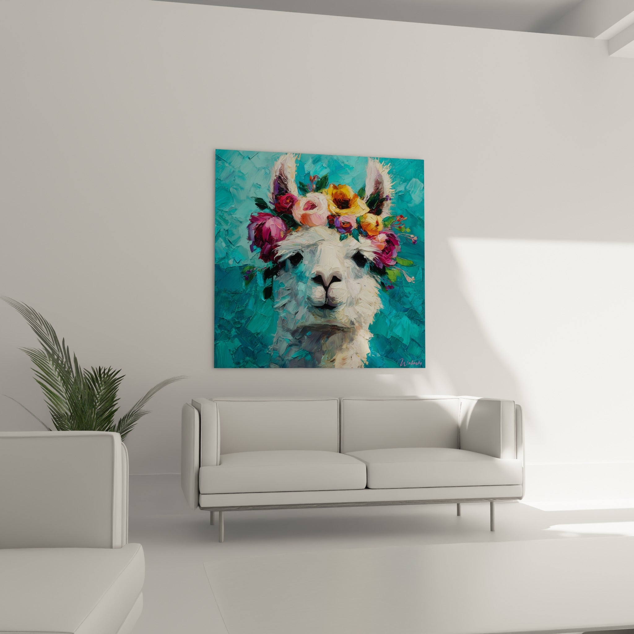 Portrait du lama couronné de fleurs jaunes et pourpres au-dessus d'un canapé dans un salon lumineux