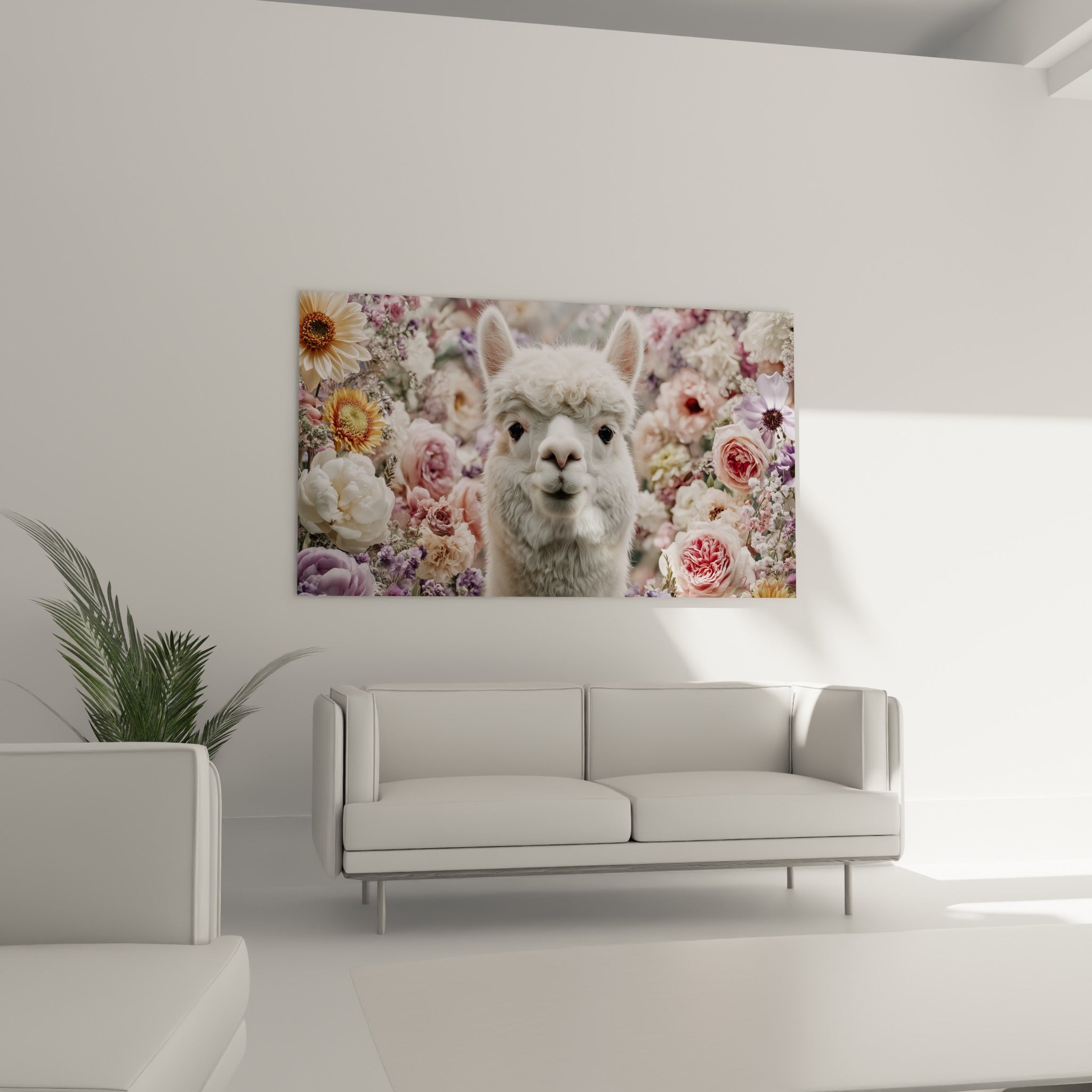Portrait de lama blanc entouré de pétales roses et lilas, disposé au-dessus d'un canapé dans un salon lumineux