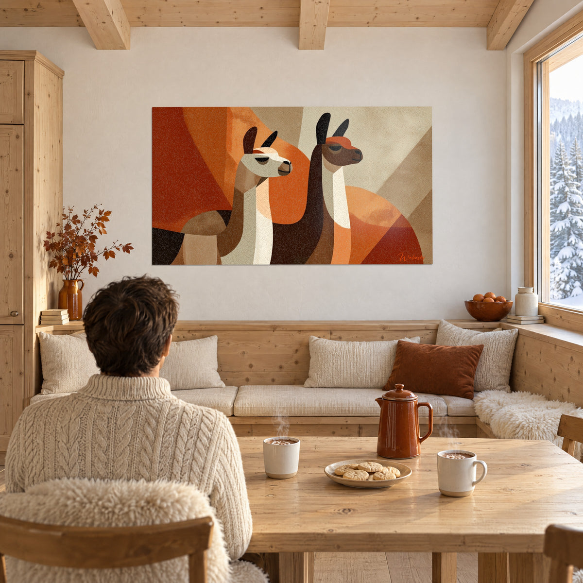 Gemälde grafische Lamas mit schwarzen Ohren auf kupferfarbenem und sandfarbenem Hintergrund, in einem verschneiten Chalet mit Holztisch und Tassen