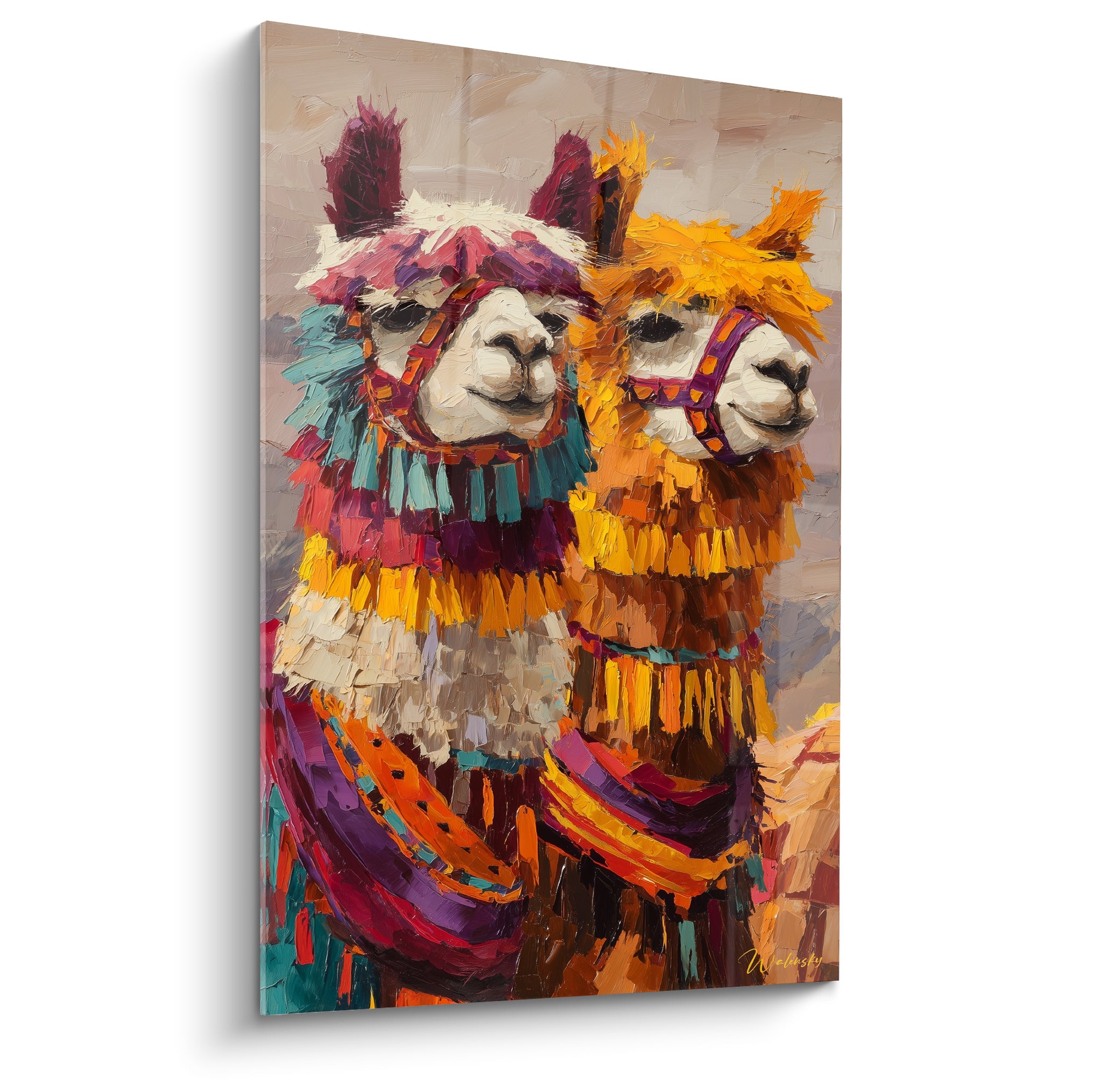 Deux lamas parés de franges turquoise et safran, museau blanc, peints à larges empâtements colorés