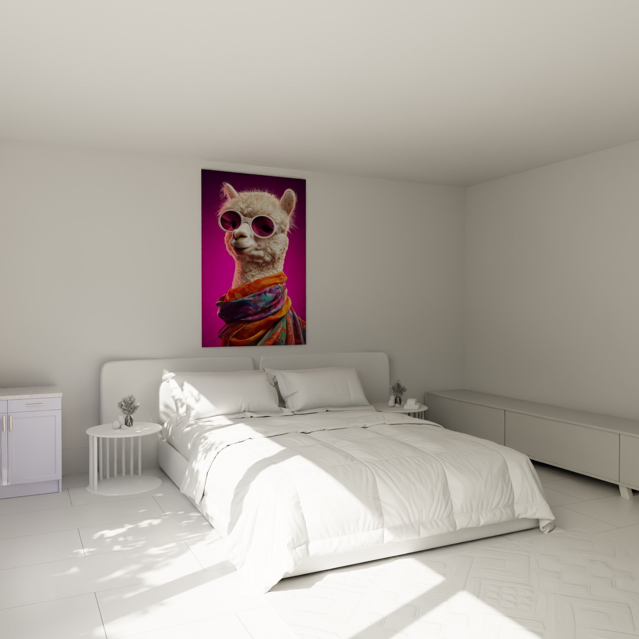 Portrait de lama coiffé de lunettes blanches et écharpe colorée, au-dessus d'un lit dans une chambre claire